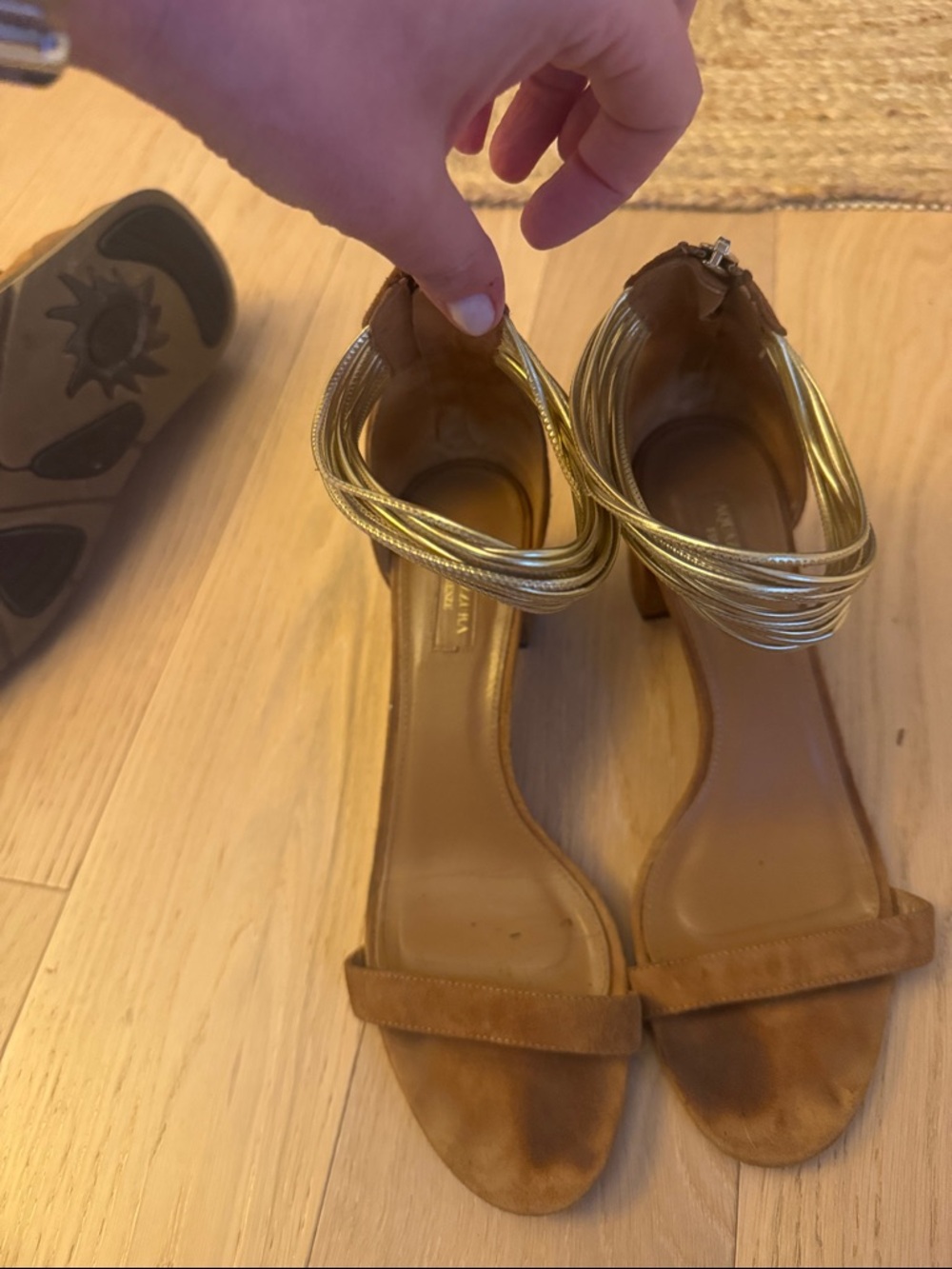 Aquazzura Spin Me Around Tan suede with gold ankle straps size 41
